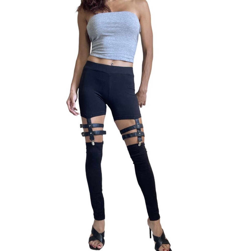 Vixxsin Temptation Leggings Gothic Harness Garter Straps Black Leggings - Small